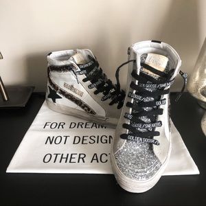 Golden Goose Silver Glitter Leopard Slides